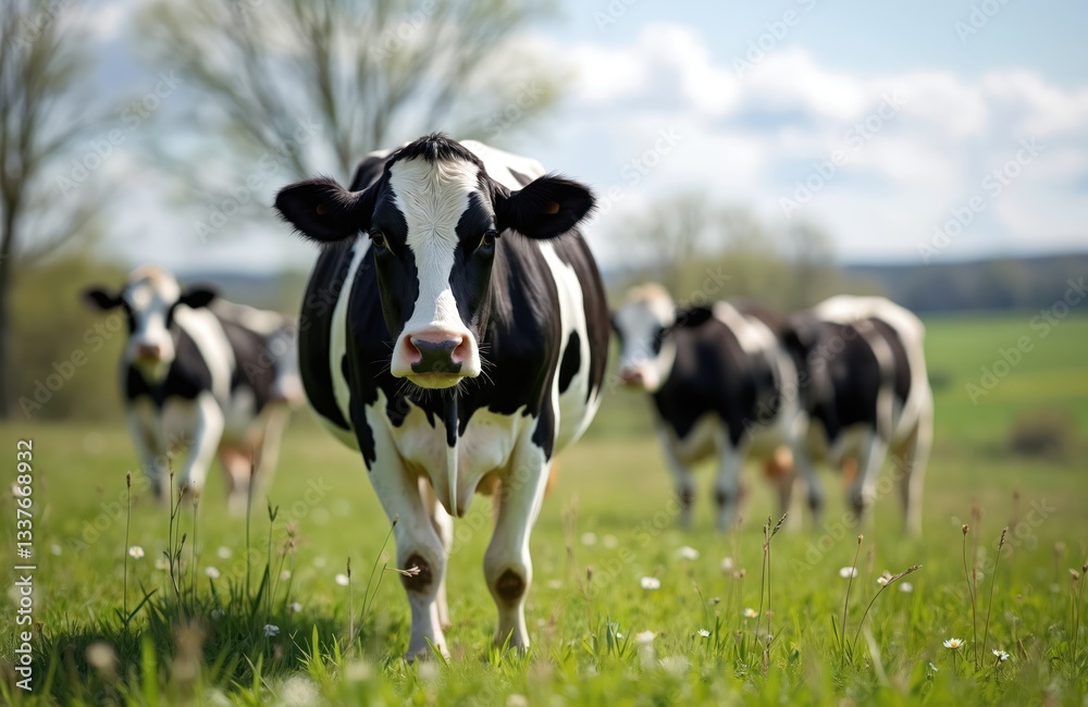 Black and white Holstein cows graze in green meadow on sunny day. Dairy cattle herd among flowering grass in pasture. Livestock and agriculture in countryside. Animal welfare. Black and white Holstein cows graze in green meadow on sunny day. Dairy cattle herd among flowering grass in pasture. Livestock and agriculture in countryside. Animal welfare.