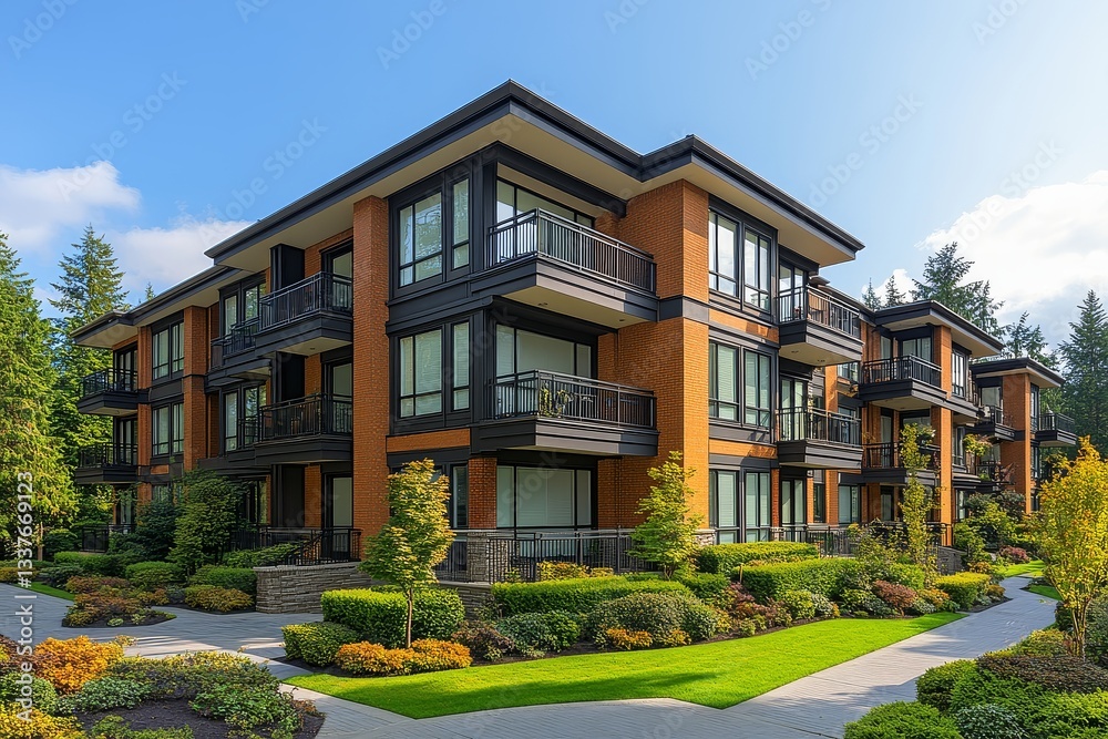 Residential apartment complex with modern architecture, three stories, brick exterior, white windows, balconies, outdoor area with trees and shrubs, and clear blue sky. Residential apartment complex with modern architecture, three stories, brick exterior, white windows, balconies, outdoor area with trees and shrubs, and clear blue sky.