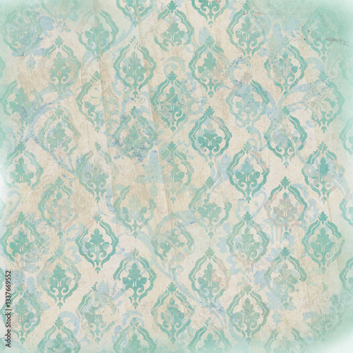 Vintage mint green damask background with elegant repeating floral pattern, soft distressed texture. Pastel tones, antique decorative wallpaper style, perfect for backgrounds, branding, invitations.