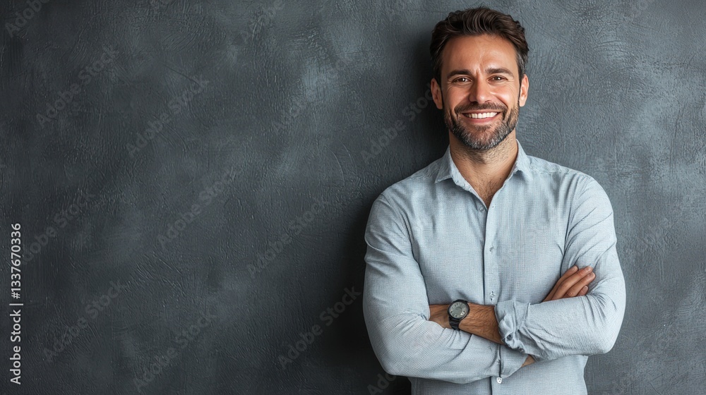Obraz premium Happy man smiling with arms crossed against dark background.