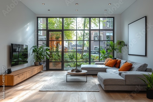 Spacious modern living room in Amsterdam with white walls, light wood flooring, gray sofas, natural sunlight, and a glass door leading to a garden.