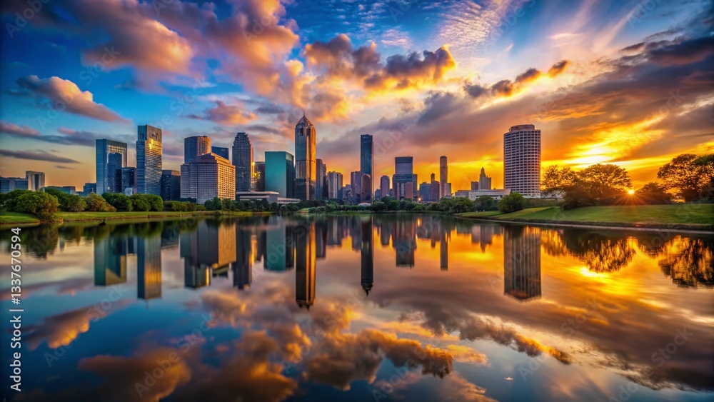 Fototapeta premium Houston Skyline Silhouette Reflection, Texas Cityscape, Dramatic Sunset Landscape