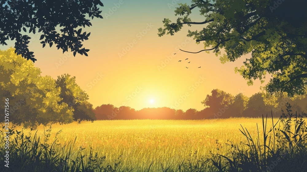Obraz premium Serene Sunset Over Golden Meadow