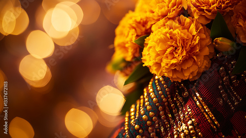 Vibrant kente cloth with golden beads and marigolds, celebrating African Liberation Day with warmth and intricate beauty.