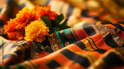 Vibrant kente cloth with golden beads and marigolds, celebrating African Liberation Day with warmth and intricate beauty.