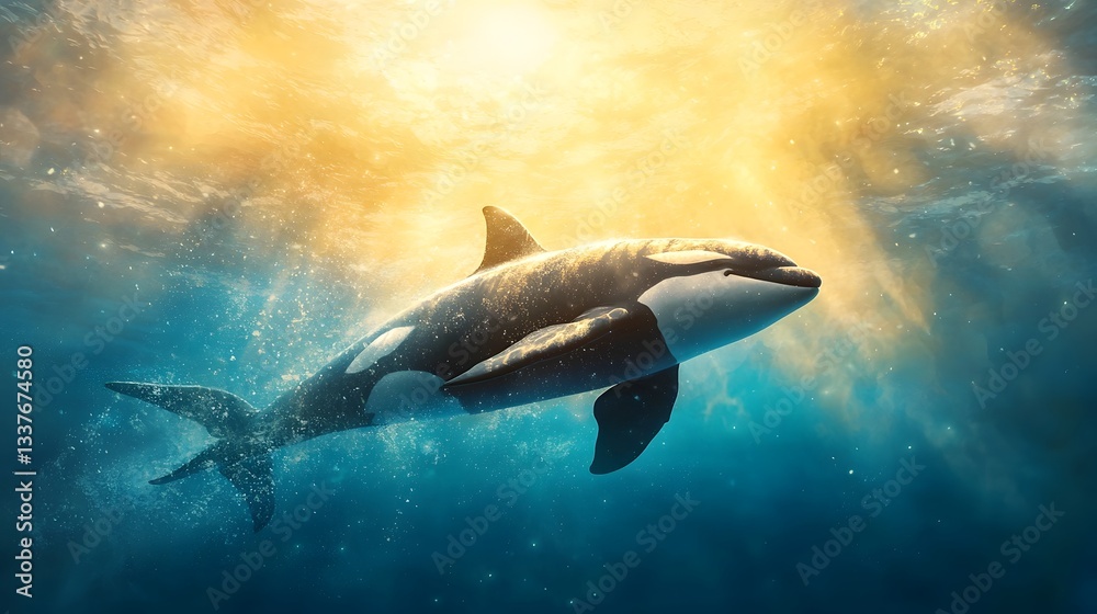 Obraz premium Majestic Orca Gliding Beneath the Surface of the Deep Blue Ocean Its Striking Black and White Pattern Contrasting Beautifully Against the Vast Aquatic Expanse