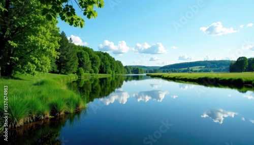 Serene Ehle River, Germany Blue sky, lush green banks, distant trees , nature, landscape