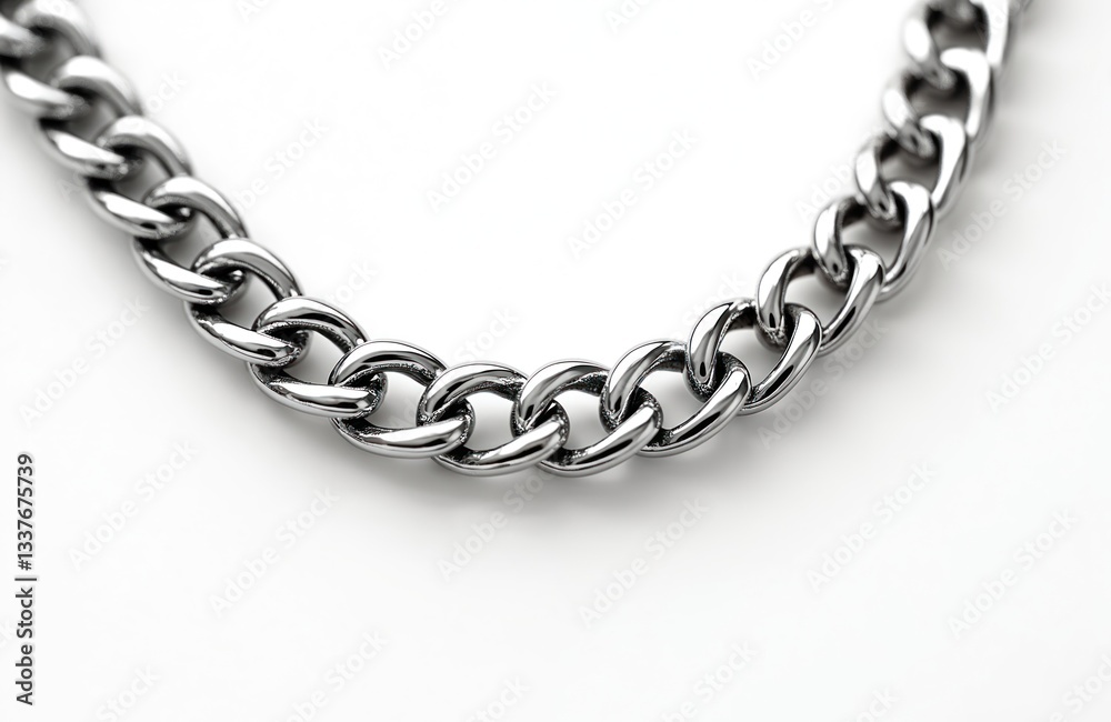 Obraz premium Silver chain lies on white surface. Chrome metal links, elegant pattern, dark shadows. Jewelry accessory shines, reflects light. Perfect minimalistic design, metal art. Luxury necklace, bracelet