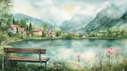 Peaceful alpine village by a serene lake, watercolour style