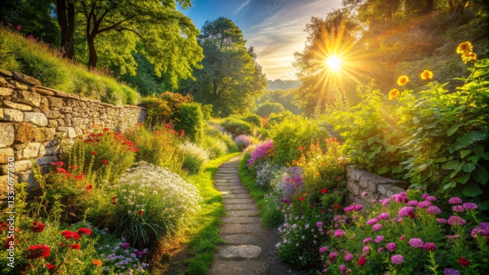 Obraz premium Sunlit Garden Path with Flowers