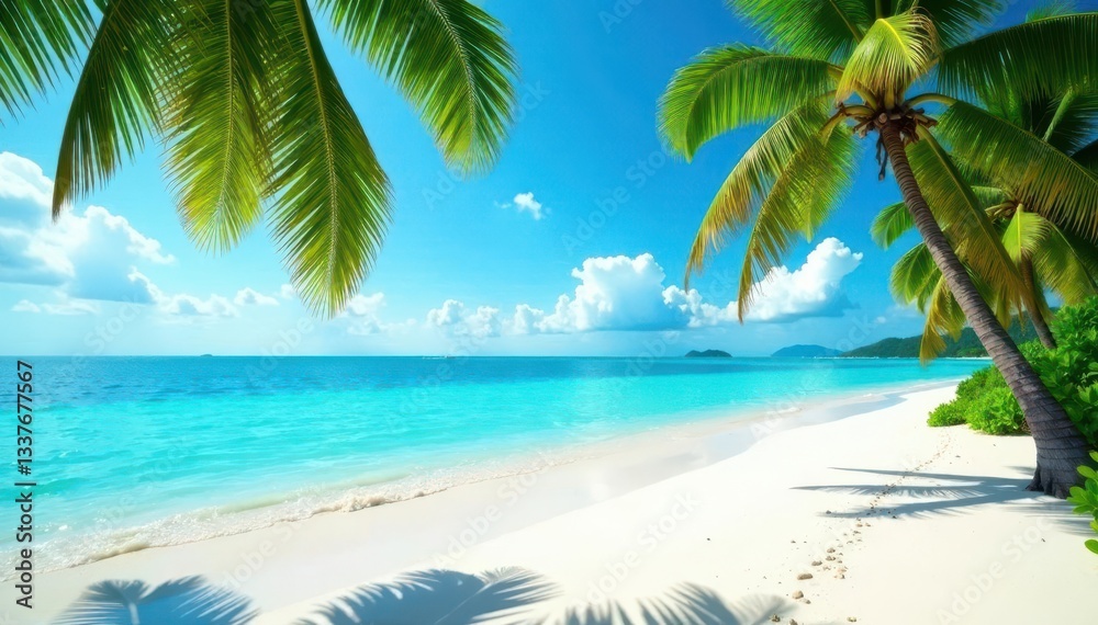 Fototapeta premium Azure water laps white sand, lush palms sway in gentle breeze , vibrant, warm