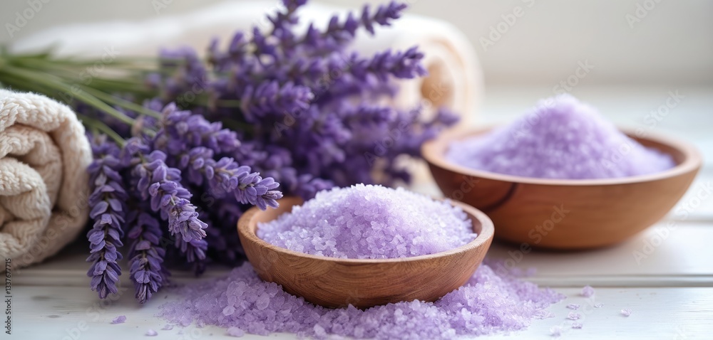 Relaxing spa setup displays lavender flowers, wooden bowls with bath salts, rolled towel. Serene composition evokes tranquil, peaceful, soothing, aromatic, luxurious, natural, pampering, wellness Relaxing spa setup displays lavender flowers, wooden bowls with bath salts, rolled towel. Serene composition evokes tranquil, peaceful, soothing, aromatic, luxurious, natural, pampering, wellness