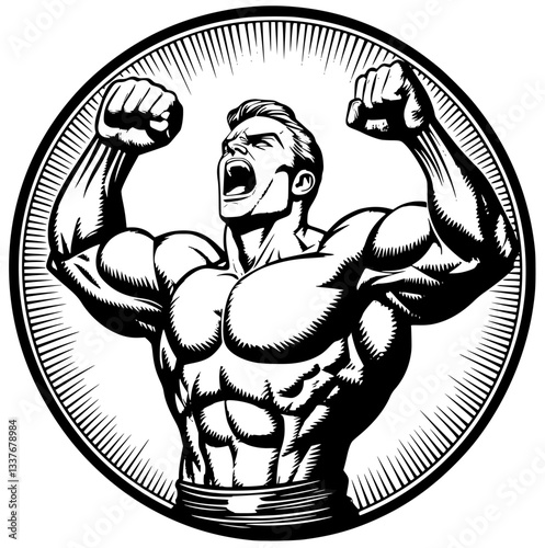 Black and White Muscle Man Flexing in Circular Vector Logo for Gym and Sports Branding