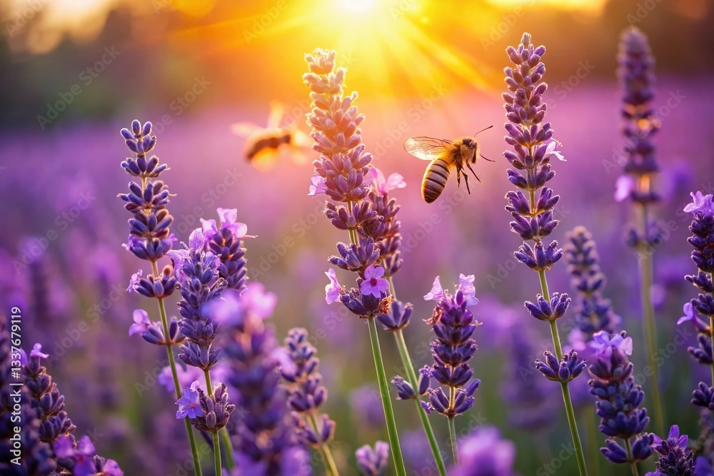 Obraz premium Lavender Field Bees Summer Nature Purple Flowers Honey Bee