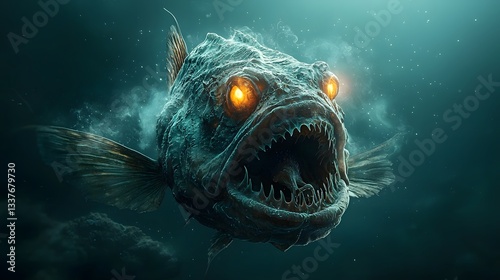 Captivating image of a glowing deep sea anglerfish hunting in the darkness its bioluminescent lure attracting unsuspecting prey showcasing the mesmerizing and mysterious world of the deep ocean