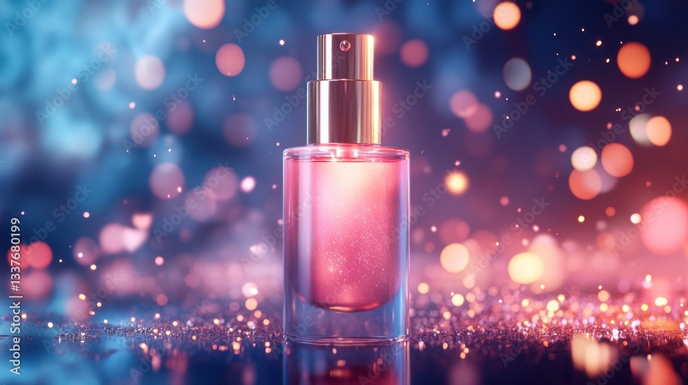 Glowing perfume bottle with sparkling background lights Glowing perfume bottle with sparkling background lights