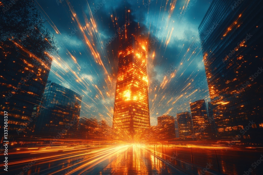 Fototapeta premium Burning skyscraper in city center with light trails, dramatic sky