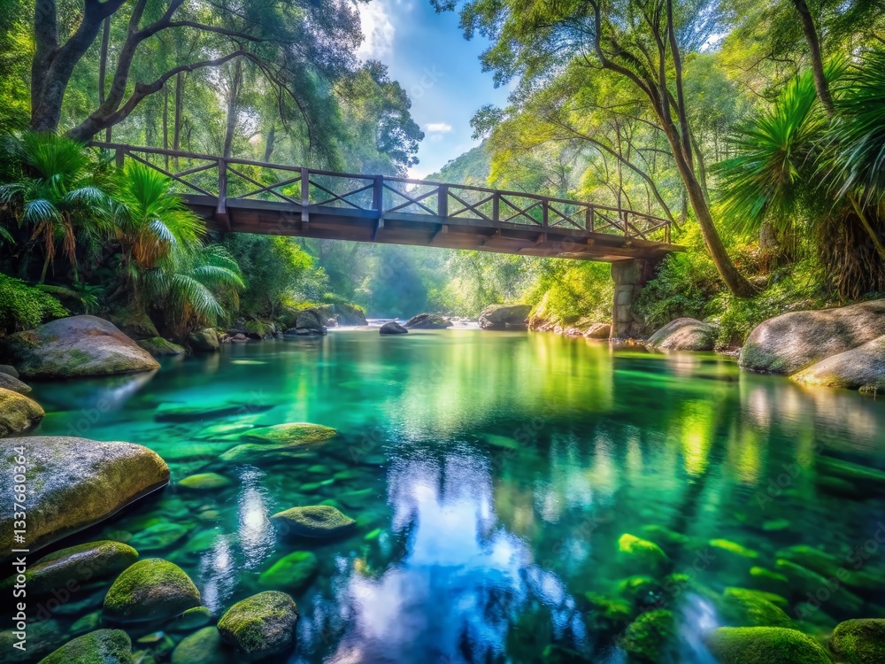 Fototapeta premium Little Crystal Creek Bridge, Paluma, North Queensland, Australia: Dreamy Double Exposure Stock Photo