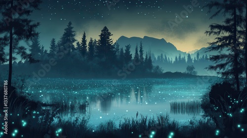 Wallpaper Mural Enchanting Night Lake with Fireflies and Silhouetted Forest Torontodigital.ca