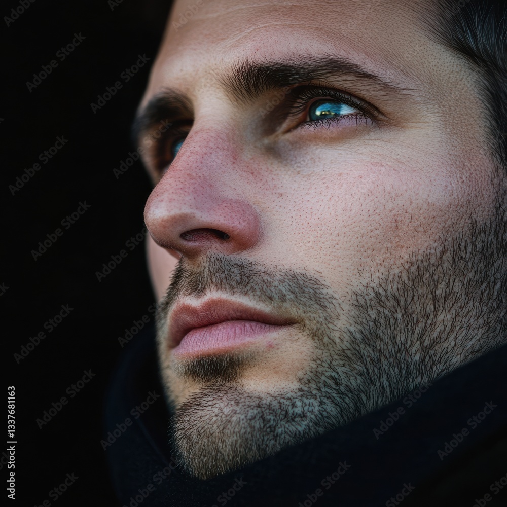 Fototapeta premium Close-up portrait of a man with a beard and blue eyes in dim lighting