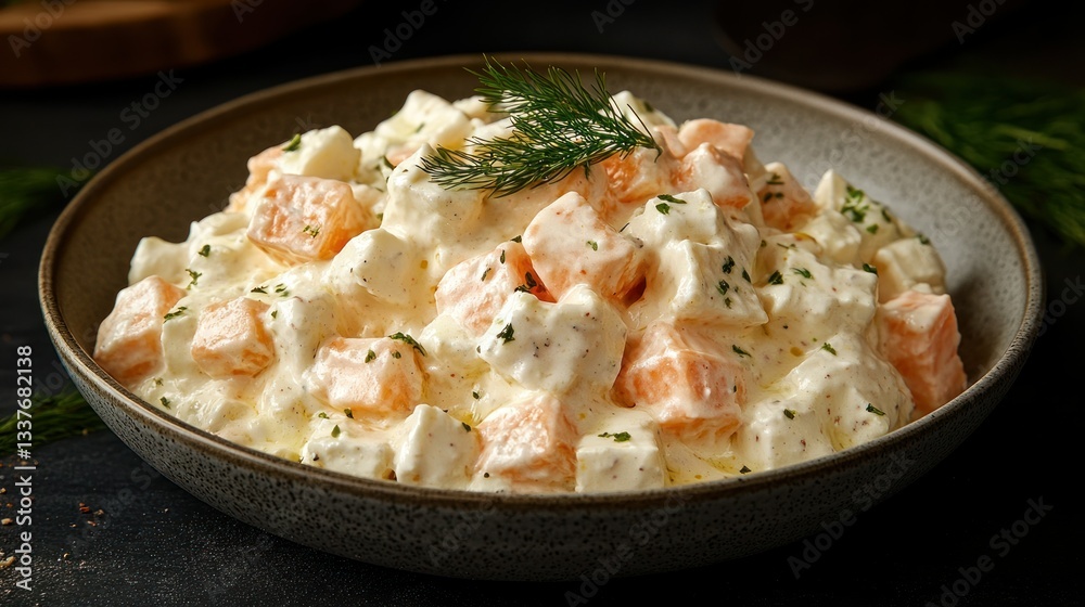 Creamy, colorful salad with diced sweet potatoes and a light sauce.  Garnished with fresh dill