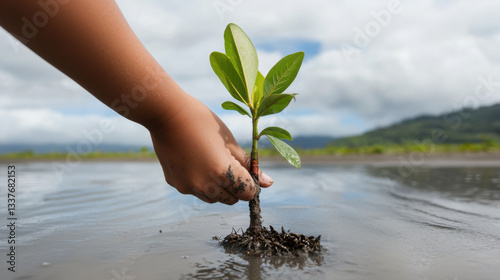 hand gently plants young mangrove tree in wet coastal soil