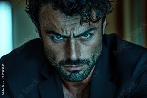 Close-up portrait of a man with a furrowed brow and intense blue eyes