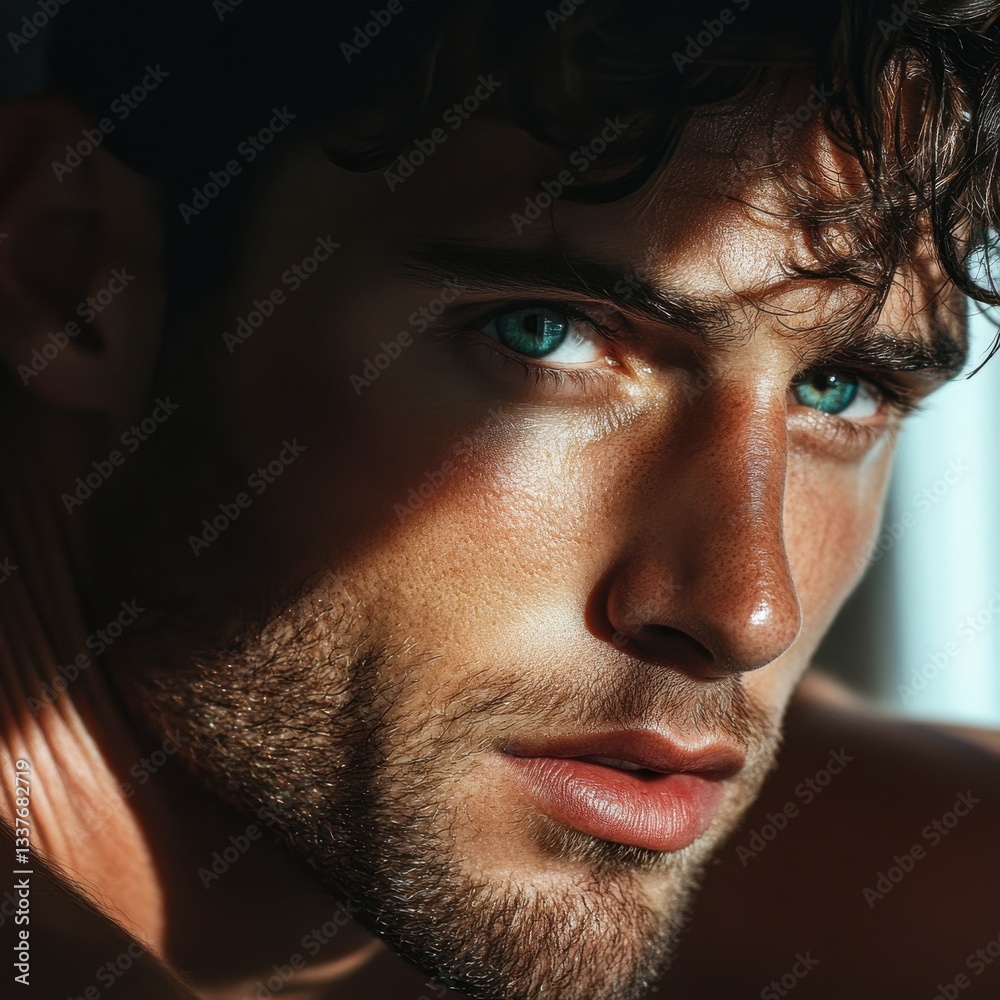 Obraz premium Close-up portrait of a man with striking blue eyes and a light stubble beard