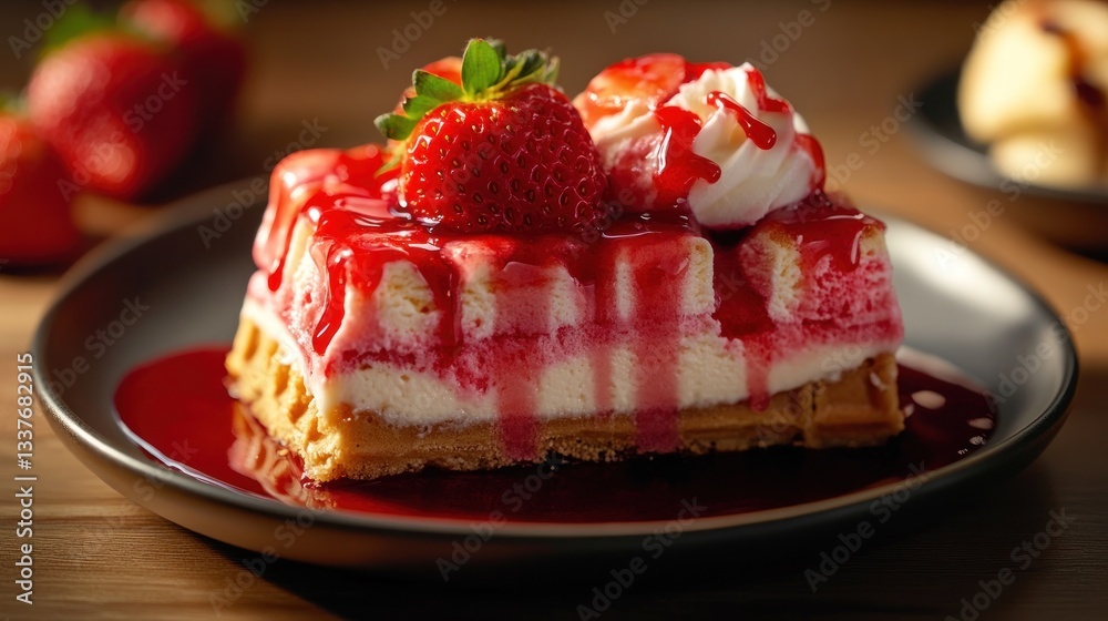 Delicious strawberry dessert on a plate with whipped cream and sauce Delicious strawberry dessert on a plate with whipped cream and sauce