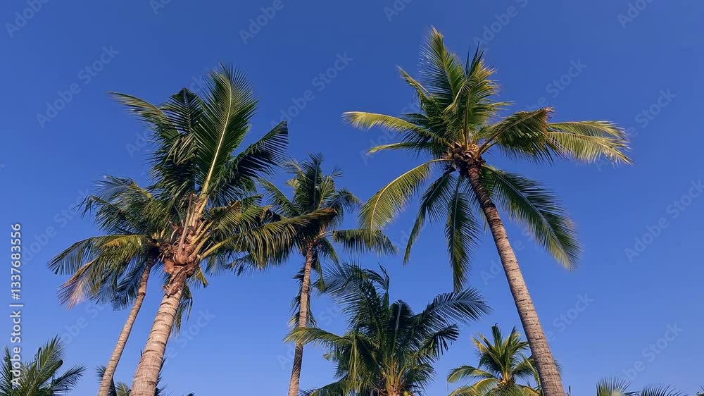 Low angle view, Looking up group of palm trees in summer weather and clear blue sky at morning
