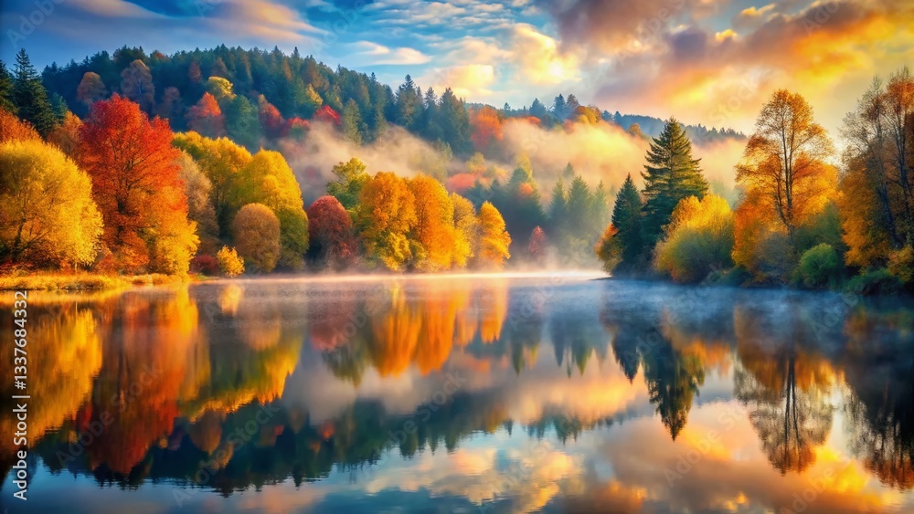 Naklejka premium Long Exposure Watercolor Autumn Lake Landscape - Vibrant Fall Colors & Misty Reflections