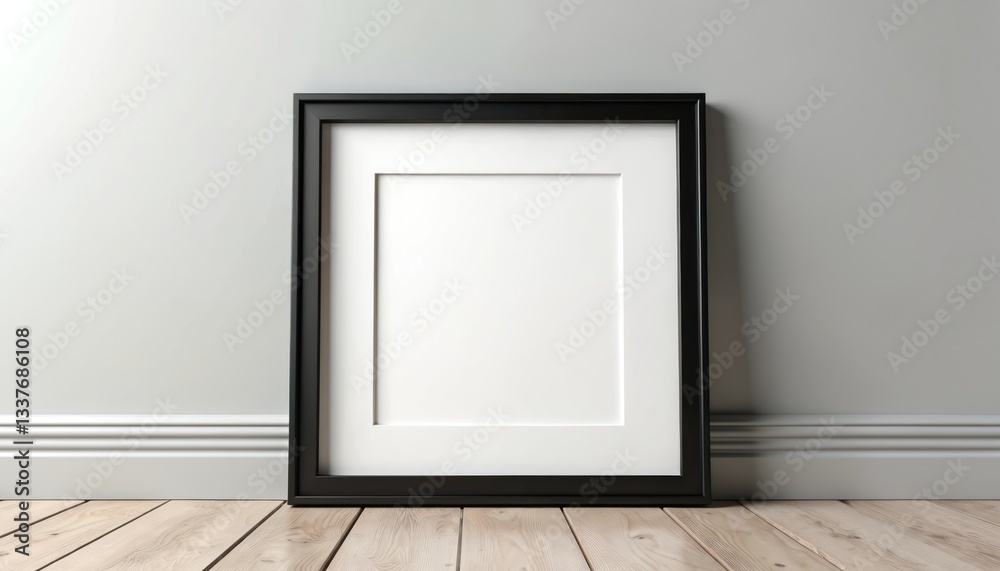 Black frame mockup on wooden floor, white wall with matting offers classic presentation option. Empty frame template for image, picture, photo artwork. Interior design decoration for wall gallery, Black frame mockup on wooden floor, white wall with matting offers classic presentation option. Empty frame template for image, picture, photo artwork. Interior design decoration for wall gallery,