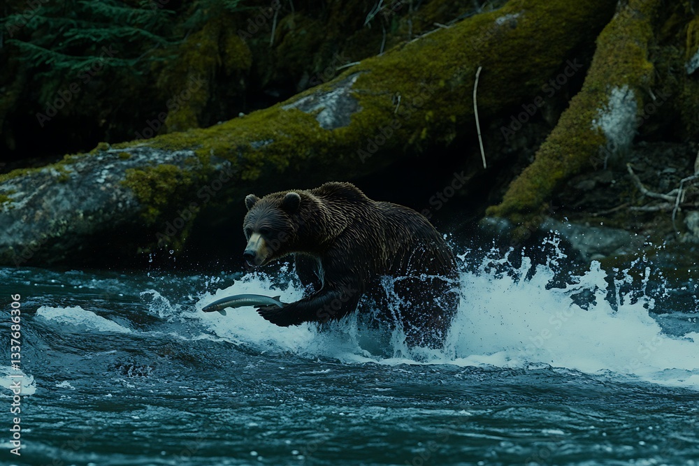 Brown bear catches salmon in river, forest background, wildlife scene, nature shot for education, research Brown bear catches salmon in river, forest background, wildlife scene, nature shot for education, research
