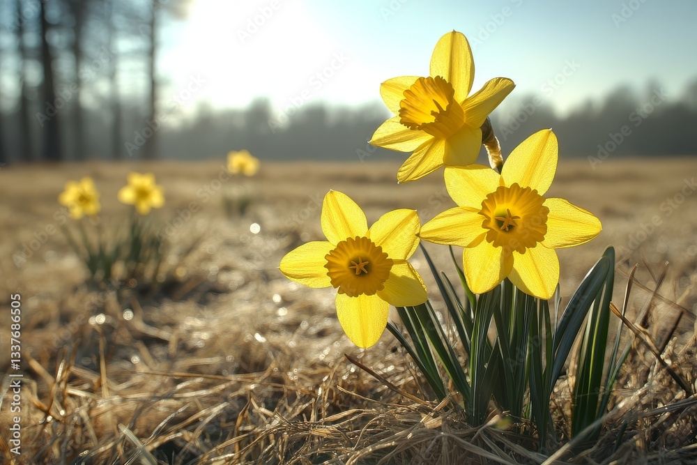 Obraz premium Yellow daffodils in the grass with sun rays and a blue sky in the background, capturing a bright, springtime scene.