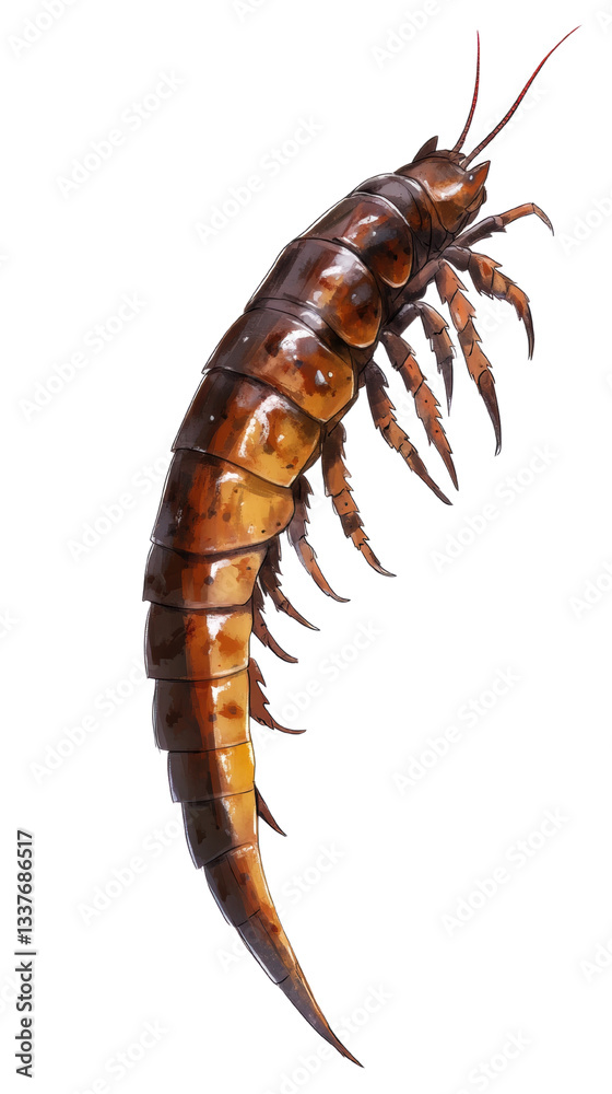 Fototapeta premium A detailed depiction of a large shrimp with distinct segmentation and multiple legs.