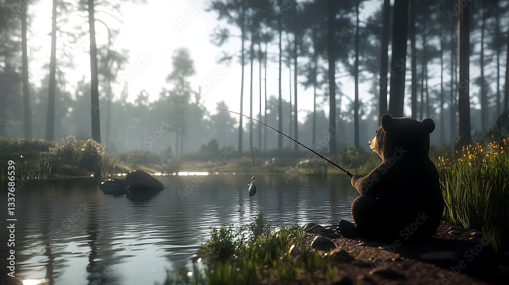 Obraz premium Bear fishing in a tranquil lake, surrounded by lush forest, serene background scenery
