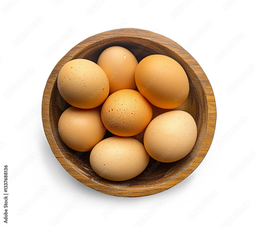 Fresh brown eggs in a wooden bowl, on a white and transparent background, PNG. Fresh brown eggs in a wooden bowl, on a white and transparent background, PNG.