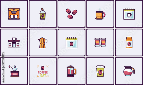 Diverse coffee themed vector icon set featuring brewing methods and cafe elements