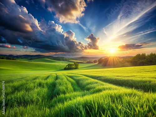 Lush Green Grass Panoramic Landscape - Summer Meadow Background