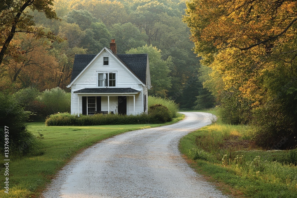 Obraz premium White two-story bungalow with black trim on a quiet road in Wisconsin, surrounded by trees and grass, captured in a photorealistic straight-on view.