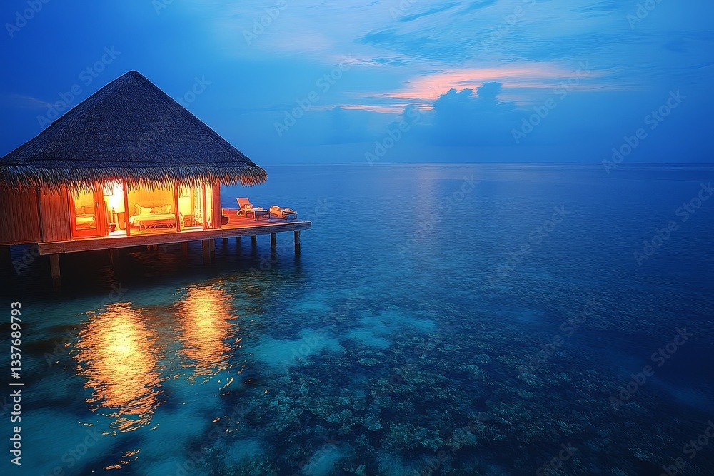 Fototapeta premium Overwater bungalow in the Maldives at blue hour, warm lights reflecting on calm tropical waters, serene night scene in a luxury island resort.