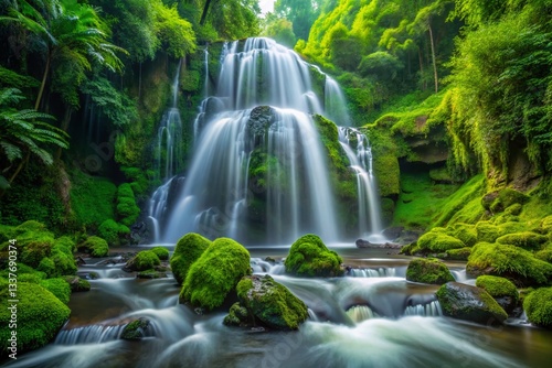 Lush Jungle Waterfall: Long Exposure, Mossy Rocks, Splashing Water