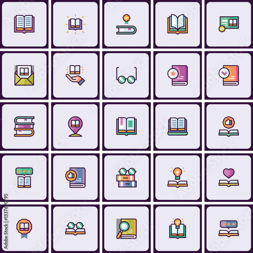 Comprehensive library and knowledge resources icon set, encompassing learning, reading, and education