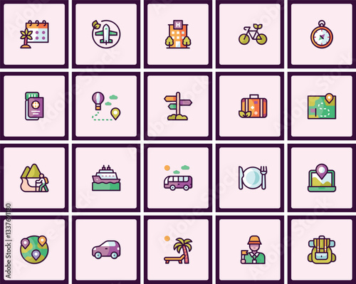 Vibrant travel and vacation icons set with outlined style for graphic design