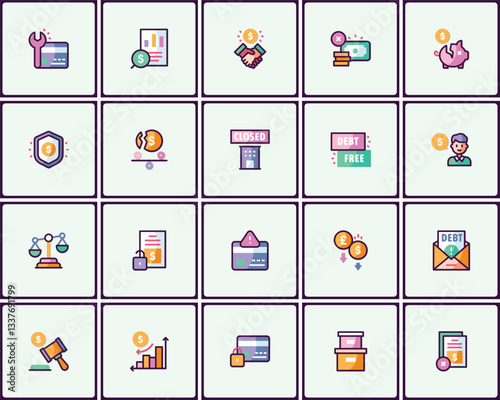 Financial and investment icon set featuring banking and money management concepts