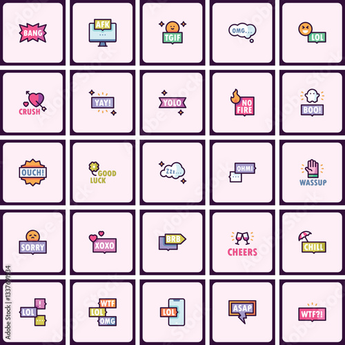 Trendy Social Media Slang and Internet Acronym Icon Set with Modern Design