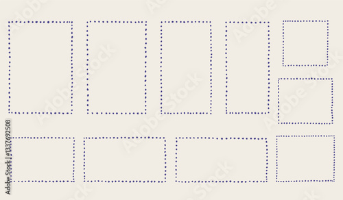Hand drawn dotted frame set. Chalk scribble polka dot pencil texture doodle borders collection. Different sizes: wedding invitation, greeting card, postcard design. Vintage vector illustration