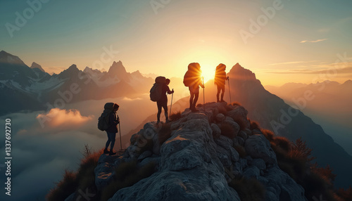 Team conquers mountain peak at sunset. Hikers with backpacks, trekking poles enjoy freedom, adventure, breathtaking mountain ridge landscape. Reaching summit on hike, overcoming challenges, teamwork,