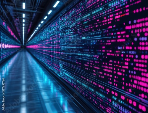 A long, narrow room with a blue and pink wall