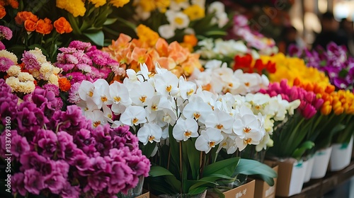 色とりどりの花が並ぶ美しい花屋のディスプレイ